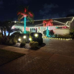 Colorful palm tree and roofline Christmas lights by Christmas Decor in Boynton Beach
