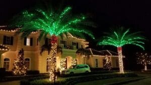 Green and red palm tree Christmas lights on luxury home by Christmas Decor in Boynton Beach