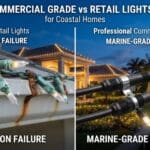 Christmas lights corroding and rusting on a coastal home gutter on the left, contrasted against professional commercial-grade LED lighting with marine-grade protection on the right.