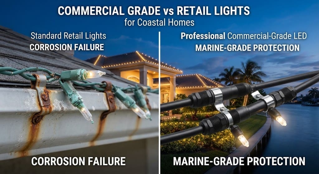 Christmas lights corroding and rusting on a coastal home gutter on the left, contrasted against professional commercial-grade LED lighting with marine-grade protection on the right.