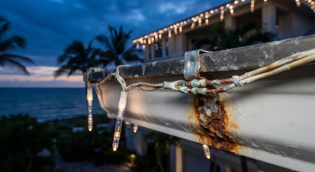 Saltwater Corrosion on Oceanfront Holiday Lighting